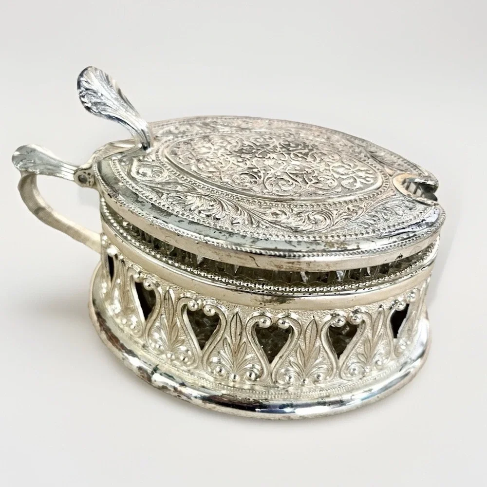 Vintage Italian Crystal Sugar Bowl Silver Plate Hearts Made in Italy Candy Dish